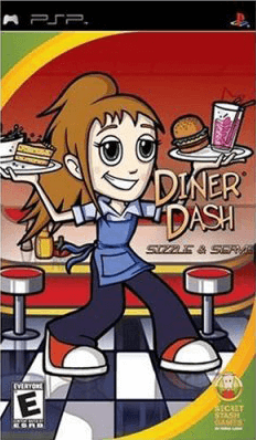 Diner Dash Sizzle and Serve box art for PSP